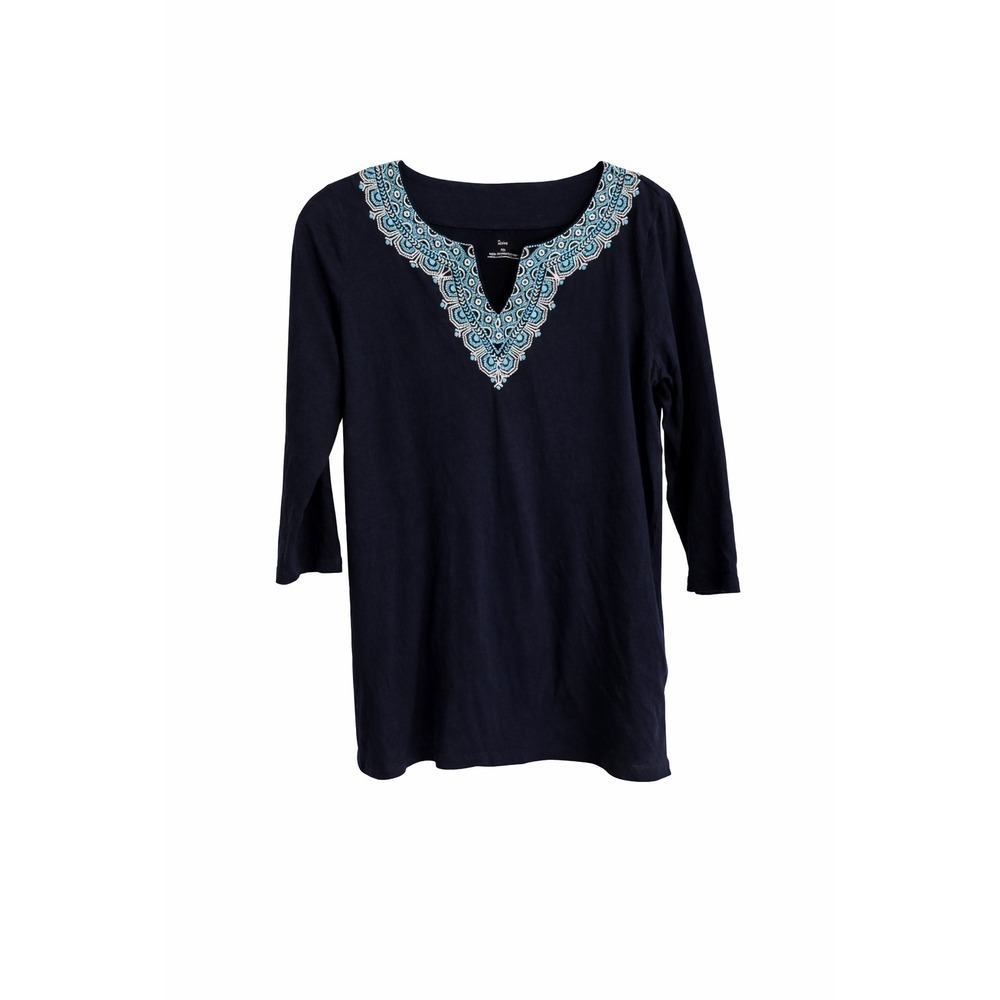 Talbots Embroidered Cotton Top MP Black Aqua Boho Artisan 3/4 Sleeve Petite
